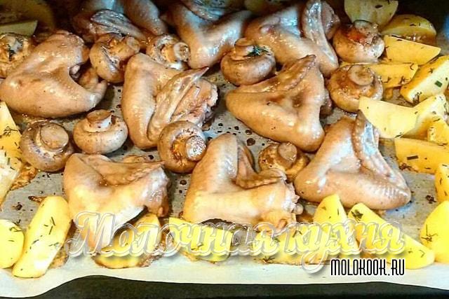 Куриные крылышки, шампиньоны и ломтики картофля, запеченные в духовке