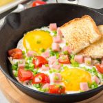 Яичница-глазунья с ломтиками колбасы и помидоров