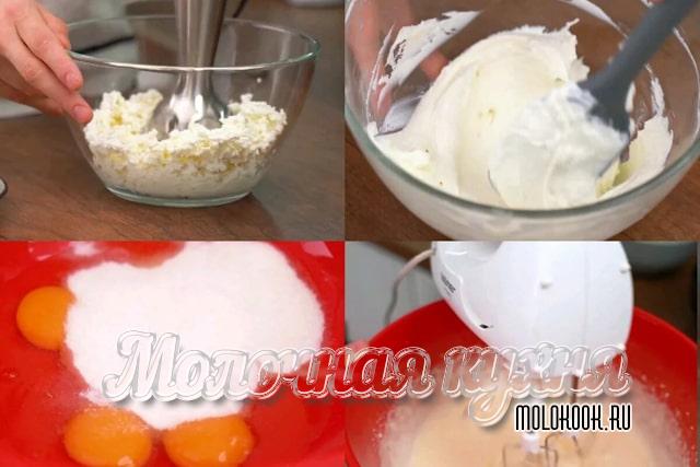 Процесс взбивания яиц и растирания творога блендером