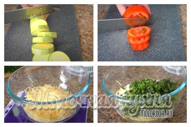 Нарезать кабачки и помидоры кружочками, приготовить соус из сметаны с сыром