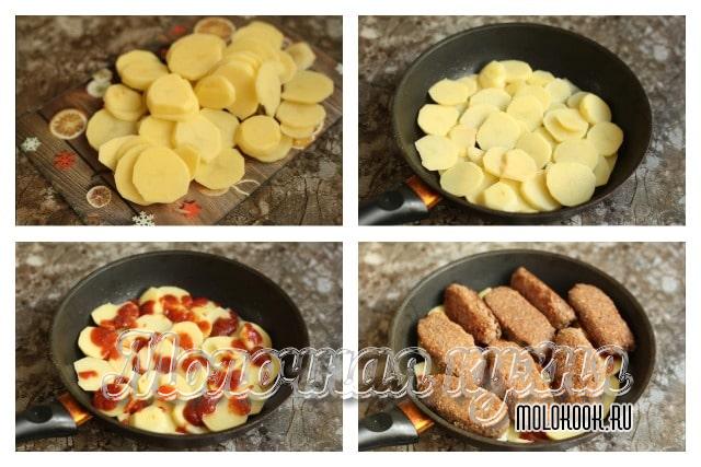 Выложить картошку и биточки в сковородку