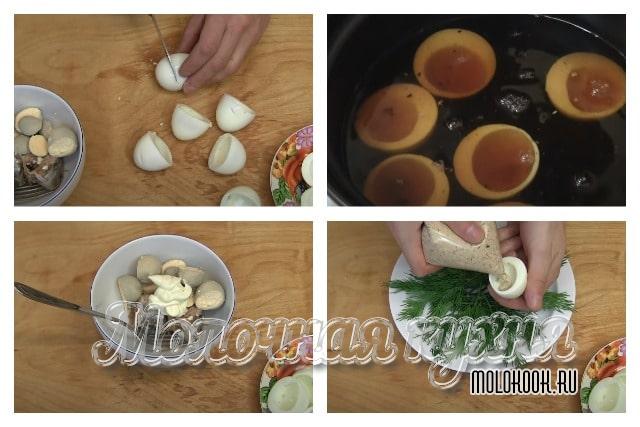 Приготовление фаршированных яиц в виде грибов